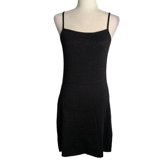 Vintage 90s Esprit Ribbed Knit Mini Dress M Black Metallic Spaghetti Straps - Picture 1 of 9